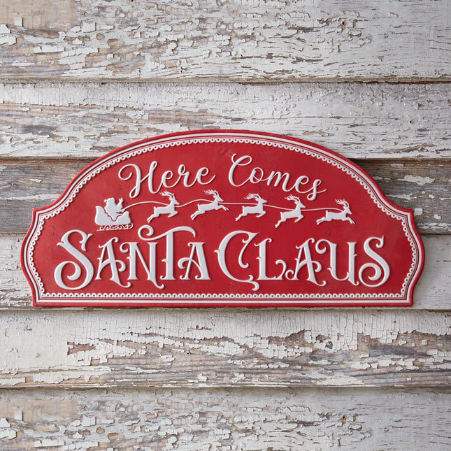 CTW Home Collection Metal Christmas Here Comes Santa Claus Sign, 24-inch Width, Holiday Season Decoration