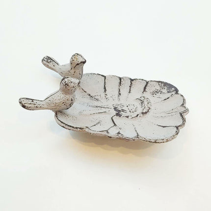 Bird's Nest Gifts and Antiques Soap Dish White Wren Style Cast Iron with Whitewash Effect