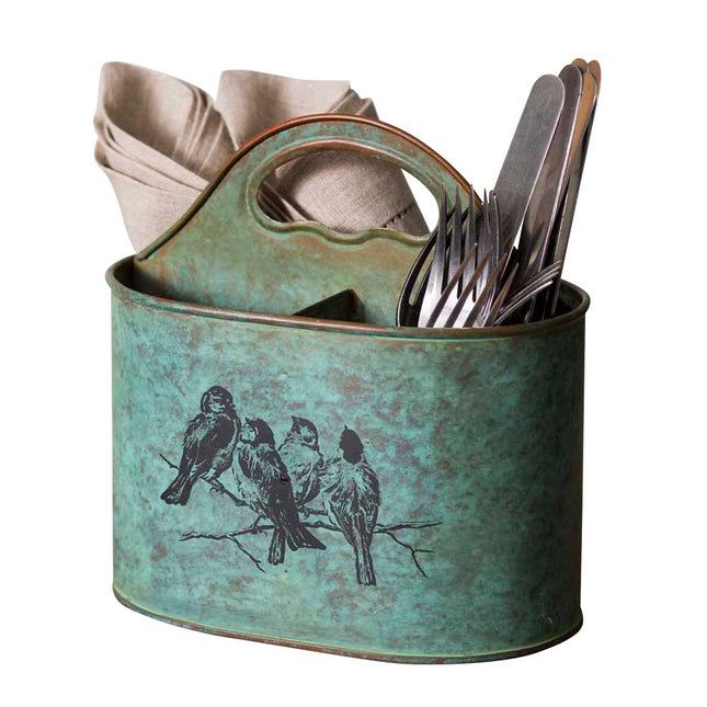 Colonial Tin Works Songbirds Metal Divided Kitchen Caddy green