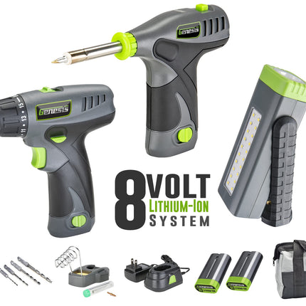 Genesis GL0831CK2 8-Volt Li-Ion 3-Piece Cordless Tool Kit with Screwdriver, Soldering Iron, and Pocket LED Light,Gray