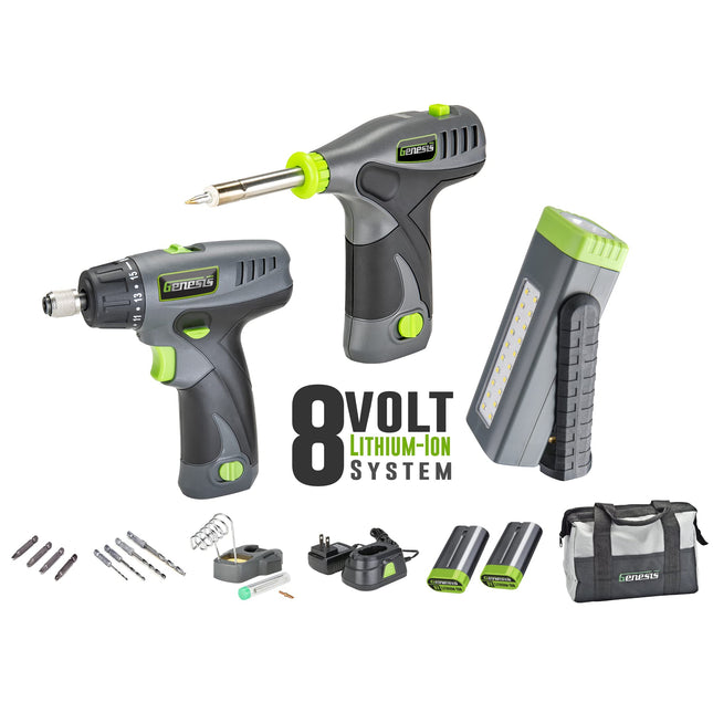 Genesis GL0831CK2 8-Volt Li-Ion 3-Piece Cordless Tool Kit with Screwdriver, Soldering Iron, and Pocket LED Light,Gray