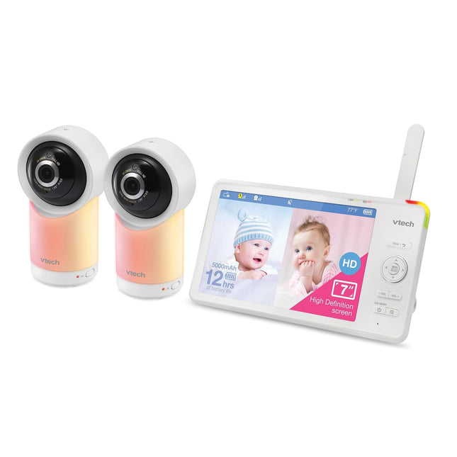 VTech RM7766-2HD RM77662HD Smart Wi-Fi 1080p 2-Camera 360°-Pan-and-Tilt Video Baby Monitor System with 7-in. Display, Night-Light, and Remote Access, White