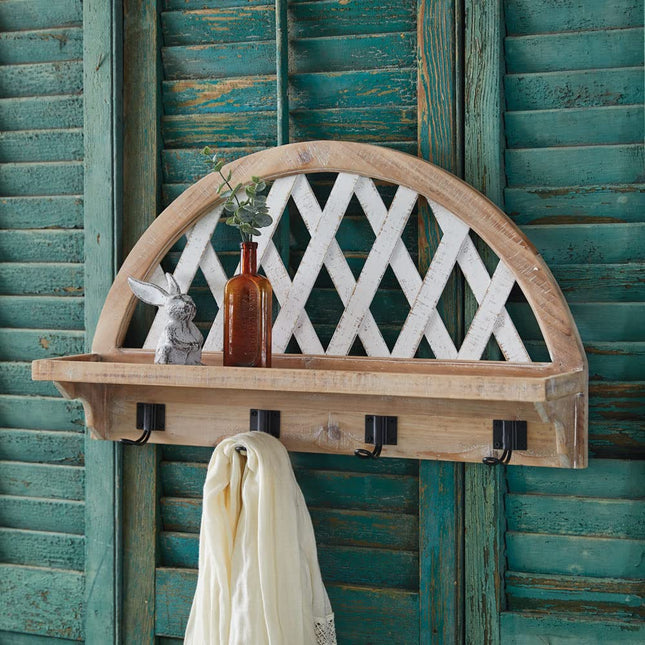 CTW Home Collection Arched Lattice Shelf with Hooks, 23.5-inch Width