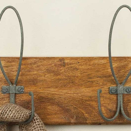 CTW 840059T Vintage Inspired Wall Mounted 2 Hook Rack Hanger for Entryway Mudroom Bathroom Bedroom Kitchen Coats Towels Garden Gloves Hats Caps Bags Purses Clothes Garments Wood Metal Brown and Gray