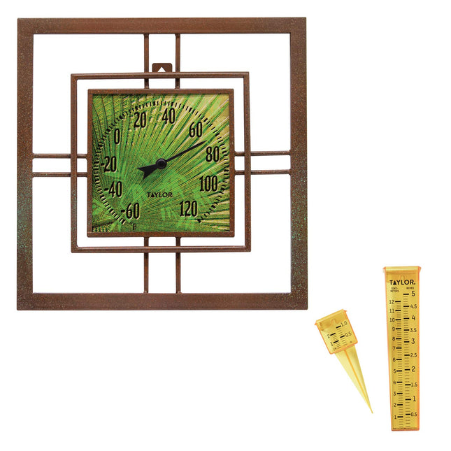 Taylor 5253912 Metal and Glass Bamboo Leaf Thermometer & Rain/Sprinkler Gauge, Multicolored