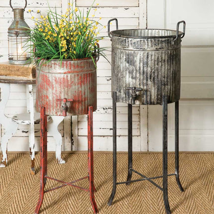 Colonial Tin Works Set of Two-Rustic Industrial Farmhouse Chic Spigot Tubs/Planters with Stands, Grey and red (Metal)