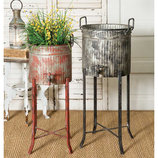 Colonial Tin Works Set of Two-Rustic Industrial Farmhouse Chic Spigot Tubs/Planters with Stands, Grey and red (Metal)