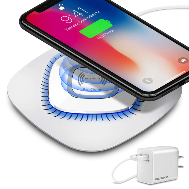 Fast Wireless Charger, Naztech Cell Phone Wireless Charging Pad [Charges on Contact] with LED Power Indicator Compatible with iPhone 14/13/12/ProMax/Pro, Galaxy S23/S22/S21, Pixel & More [White] 14494