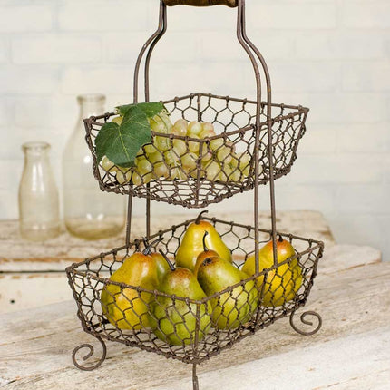 CTW 2 Tier Square Metal Tiered Grayson Caddy Rack Display Stand Basket Wooden Handle for Fruit Vegetables Kitchen Bathroom Toiletries Storage Rustic Country Farmhouse Style Decor Brown