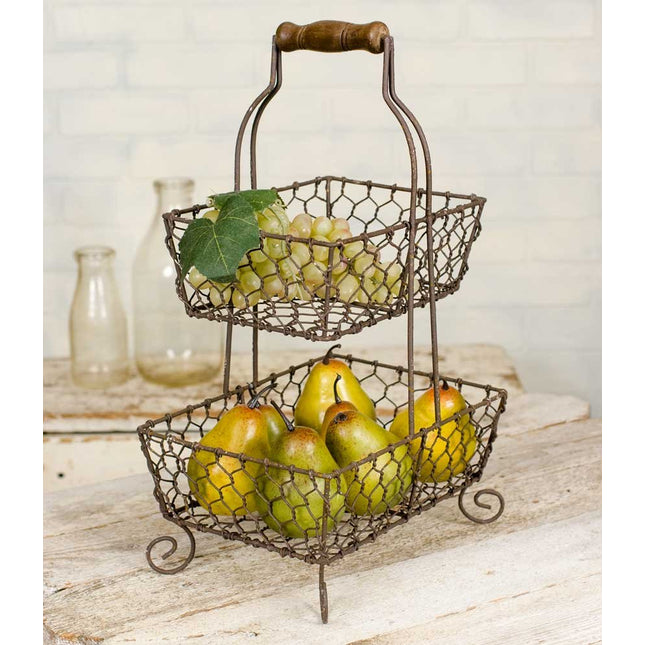 CTW 2 Tier Square Metal Tiered Grayson Caddy Rack Display Stand Basket Wooden Handle for Fruit Vegetables Kitchen Bathroom Toiletries Storage Rustic Country Farmhouse Style Decor Brown