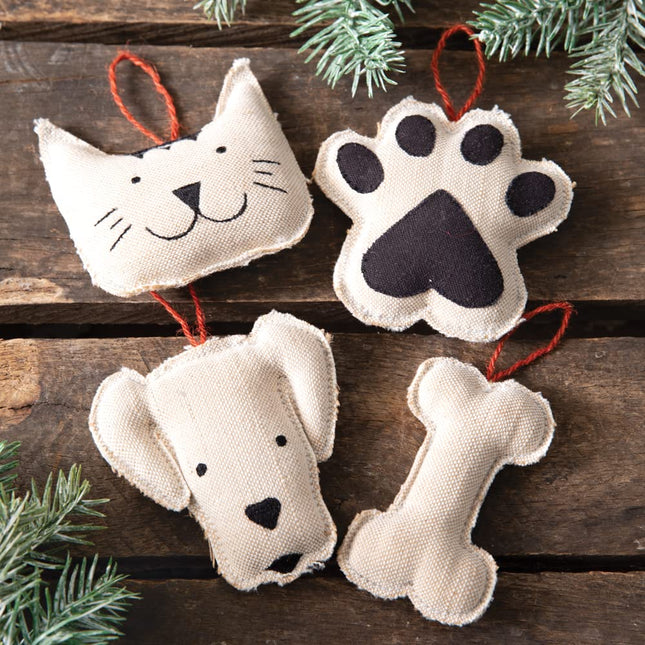 CTW Home Collection Pet Shapes Fabric Christmas Hanging Ornaments, Set of 4, Holiday Season Decoration