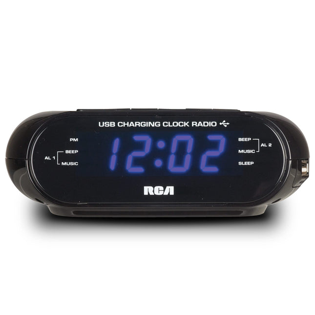 RCA USB Charging Clock Radio, .6” Blue LED Display, Brightness Display, FM Radio with Presets, Dual Wake, Sleep Timer, and Snooze Functions