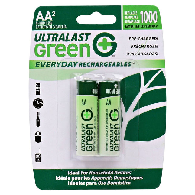 Ultralast ULGHP2AA AA Green High-Power Rechargeable Batteries, 2-pack