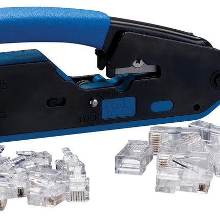 IDEAL INDUSTRIES INC. 33-396 Data/Voice Modular Plug Crimp Tool Kit, Crimping Tool for CAT3/5e/6 Cables, RJ-45 (8P8C) & RJ-11 (6P6C, 6P4C, 6P2C) w/ 20 Plugs