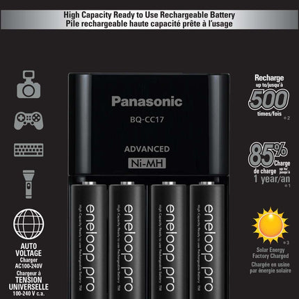 Panasonic K-KJ17KHCA4A 4-Position Charger with AA eneloop PRO Rechargeable Batteries, 4 pk