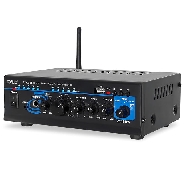 Pyle Bluetooth Audio Power Amplifier - 2x120 Max Amp Power, Portable 2 Channel Surround Sound Stereo Receiver with USB/MP3 Reader, LED Indicator Output Level Display, Amplified Subwoofer Speaker