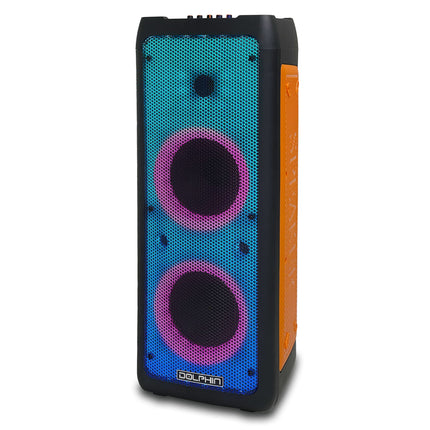 Dolphin SPF-28 Rechargeable Party Speaker with Dual Woofers and 1.5 in Tweeter, LED Light Display, Remote Control, WaveSync Technology, and Microphone