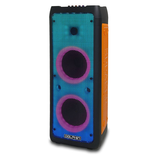 Dolphin SPF-28 Rechargeable Party Speaker with Dual Woofers and 1.5 in Tweeter, LED Light Display, Remote Control, WaveSync Technology, and Microphone