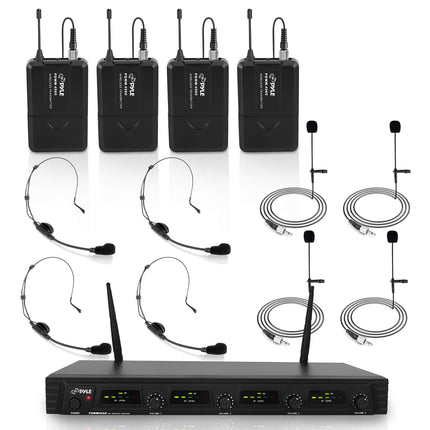 Pyle 4 Channel UHF Wireless Microphone System & Rack Mountable Base 4 Headsets, 4 Belt Packs, 4 Lavelier/Lapel MIC With Independent Volume Controls AF & RF Signal Indicators (PDWM4560),Black