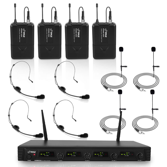 Pyle 4 Channel UHF Wireless Microphone System & Rack Mountable Base 4 Headsets, 4 Belt Packs, 4 Lavelier/Lapel MIC With Independent Volume Controls AF & RF Signal Indicators (PDWM4560),Black