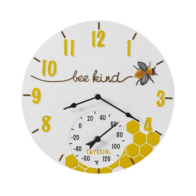 Taylor Bee Kind Poly Resin Indoor and Outdoor Clock and Thermometer, 14 Inch, Multi-Color