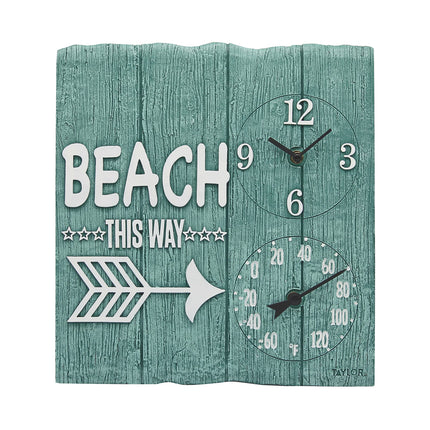 Taylor Beach This Way Poly Resin Indoor and Outdoor Clock and Thermometer, 14 Inch, Multi-Color