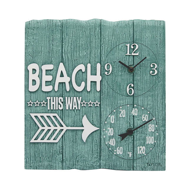 Taylor Beach This Way Poly Resin Indoor and Outdoor Clock and Thermometer, 14 Inch, Multi-Color