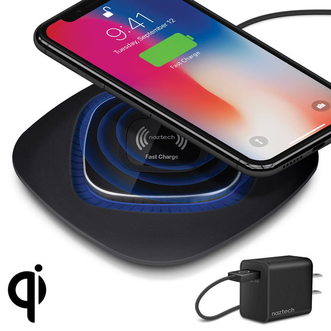 Fast Wireless Charger, Naztech Cell Phone Wireless Charging Pad [Charges on Contact] with LED Power Indicator Compatible with iPhone 14/13/12/ProMax/Pro, Galaxy S23/S22/S21, Pixel & More [Black] 14490