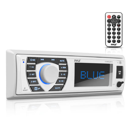 Pyle Bluetooth Marine Receiver Stereo - 12v Single DIN Style Boat In dash Radio Receiver System with Digital LCD, RCA, MP3, USB, SD, AM FM Radio - Remote Control, Wiring Harness - PLRMR23BTW (White)