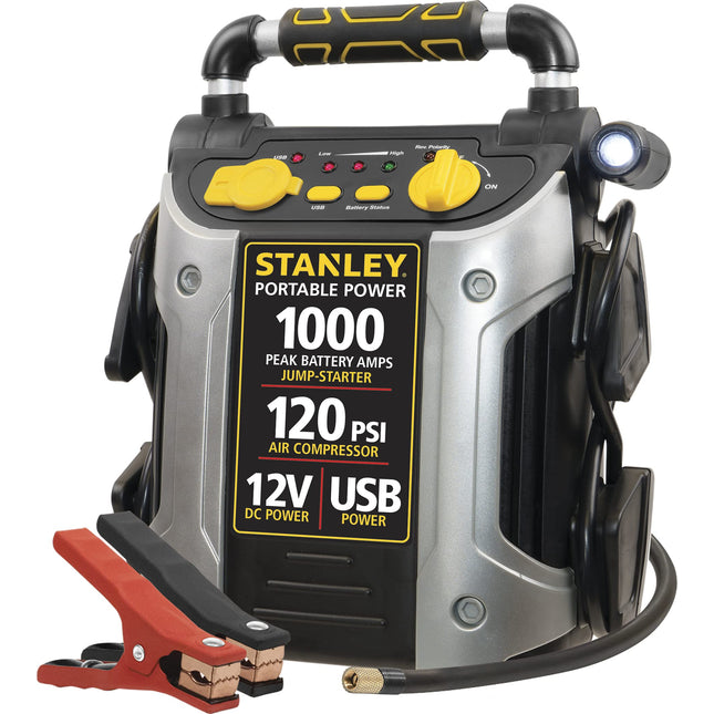 STANLEY J5C09 Portable Power Station Jump Starter 1000 Peak Amp Battery Booster, 120 PSI Air Compressor, USB Port, Battery Clamps