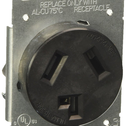 Leviton 5207-S10 30 Amp, 125/250 Volt, NEMA 10-30R, 3P, 3W, Flush Mtg Receptacle, Straight Blade, Industrial Grade, Non-grounding, AL-CU, Side Wired, Steel Strap-Black, No Size