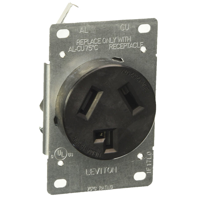 Leviton 5207-S10 30 Amp, 125/250 Volt, NEMA 10-30R, 3P, 3W, Flush Mtg Receptacle, Straight Blade, Industrial Grade, Non-grounding, AL-CU, Side Wired, Steel Strap-Black, No Size