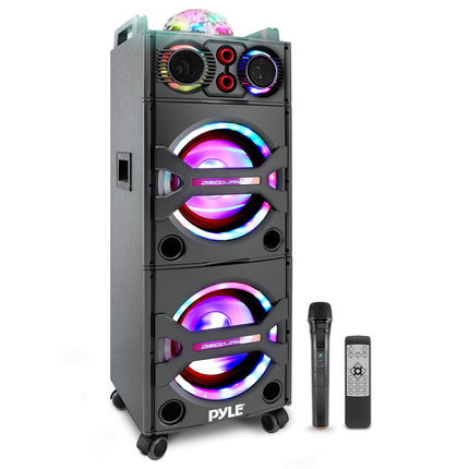 Pyle Portable Bluetooth PA Speaker System - 2000W Active powered Outdoor Bluetooth Speaker Portable PA System w/ Microphone In, Party Lights, USB SD Card Reader, AUX/RCA/FM Radio, Wheels - PSUFM1043BT
