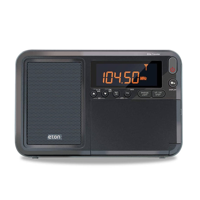 Eton - Elite Traveler AM/FM/LW/Shortwave Radio with RDS & Custom Leather Carry Cover, 500 Station Memory, Sleep Timer, Local/World Time Setting, Snooze Function, Orange LCD Display, Earphone Jack