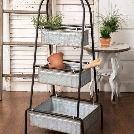 Colonial Tin Works Industrial Galvanized Steel Metal Tall Kitchen Bathroom Floor Display 3 Tier Galvanized Grey