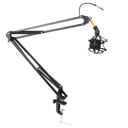 Pyle Suspension Microphone Boom Stand Pro - Desktop Scissor Mic Stand Spring Arm w/ Shock Mount, Adjustable and Extendable Arm, Angle and Tilt Positioning, Universal Table Clamp Mount Style - PMKSH04