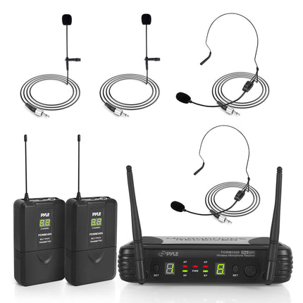 Pyle 2 Channel Wireless Microphone System - Portable UHF Digital Audio Mic Set with 2 Headset, 2 Lavalier lapel, 2 Transmitter, ¼’’ cable, power adapter - For Karaoke, PA, DJ, - PDWM3400,Black