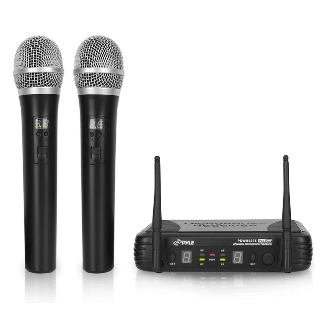 PYLE-PRO Professional Wireless Microphone System - Dual UHF Band, Wireless, Handheld, 2 MICS With 8 Selectable Frequency Channels, Independent Volume Controls, AF & RF Signal Indicators - PDWM3375