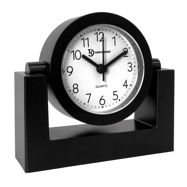 Timekeeper Small Desktop Swivel Clock for Desk, Battery Operated, 6.75  Wide x 2  Tall, Black Frame White Face