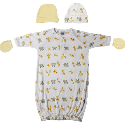 Preemie Baby Boy, Baby Girl, Unisex Printed Gown, Caps and Mittens - 4 pc NC_0247