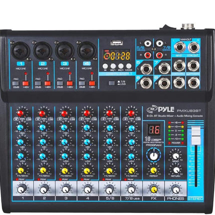 Pyle Professional Audio Mixer Sound Board Console Desk System Interface 8 Channel Digital USB Bluetooth MP3 Computer Input 48V Phantom Power Stereo DJ Studio FX 16Bit DSP Processor PMXU83BT, Black