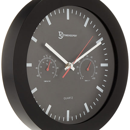 Timekeeper 12 Wall Clock with Black Frame and Temperature/Humidity Gauges, Black/Silver/Red