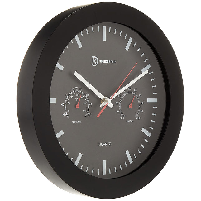 Timekeeper 12 Wall Clock with Black Frame and Temperature/Humidity Gauges, Black/Silver/Red