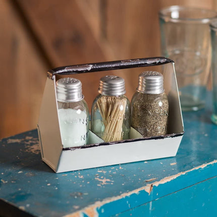 Toolbox Salt Pepper and Toothpick Caddy White by Colonial TinWorks (White, Brown)