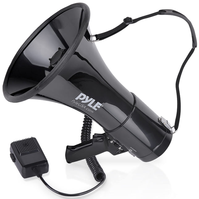 Pyle Megaphone Speaker PA Bullhorn with Built-in Siren 50 Watts & Adjustable Volume Ideal for Football, Baseball, Hockey, Cheerleading Fans & Coaches or for Safety Drills - PMP53IN, Black Aux Input