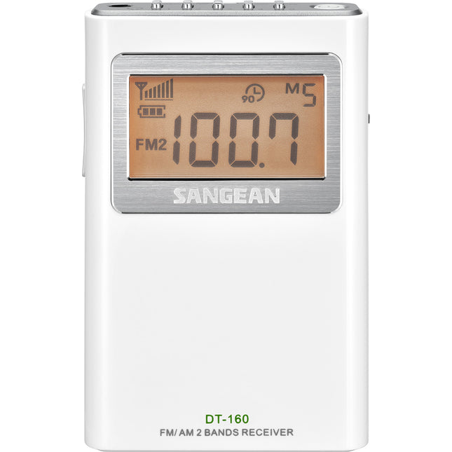 Sangean DT-160 AM/FM Stereo Pocket Radio with 100 Operating Hours on 2 AA Batteries, White