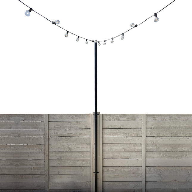 IYN Stands Outdoor String Light Pole Stand - 9.5 Feet, Black, Weather Resistant Powder Coated Steel - Mount to Fence, Wall with Mounting Brackets