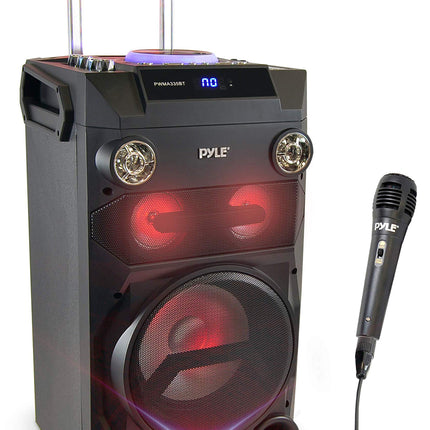 Pyle Outdoor Portable Wireless Bluetooth Karaoke PA Loud speaker - 8'' Subwoofer Sound System with DJ Lights, Rechargeable Battery, FM Radio, USB / Micro SD Reader, Microphone, Remote - PWMA335BT