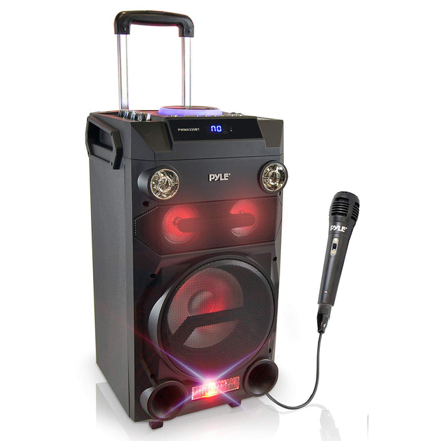 Pyle Outdoor Portable Wireless Bluetooth Karaoke PA Loud speaker - 8'' Subwoofer Sound System with DJ Lights, Rechargeable Battery, FM Radio, USB / Micro SD Reader, Microphone, Remote - PWMA335BT