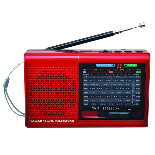 SuperSonic 9 Band Bluetooth Radio with AM/FM and SW1-7, Red (SC-1080BT-Red)